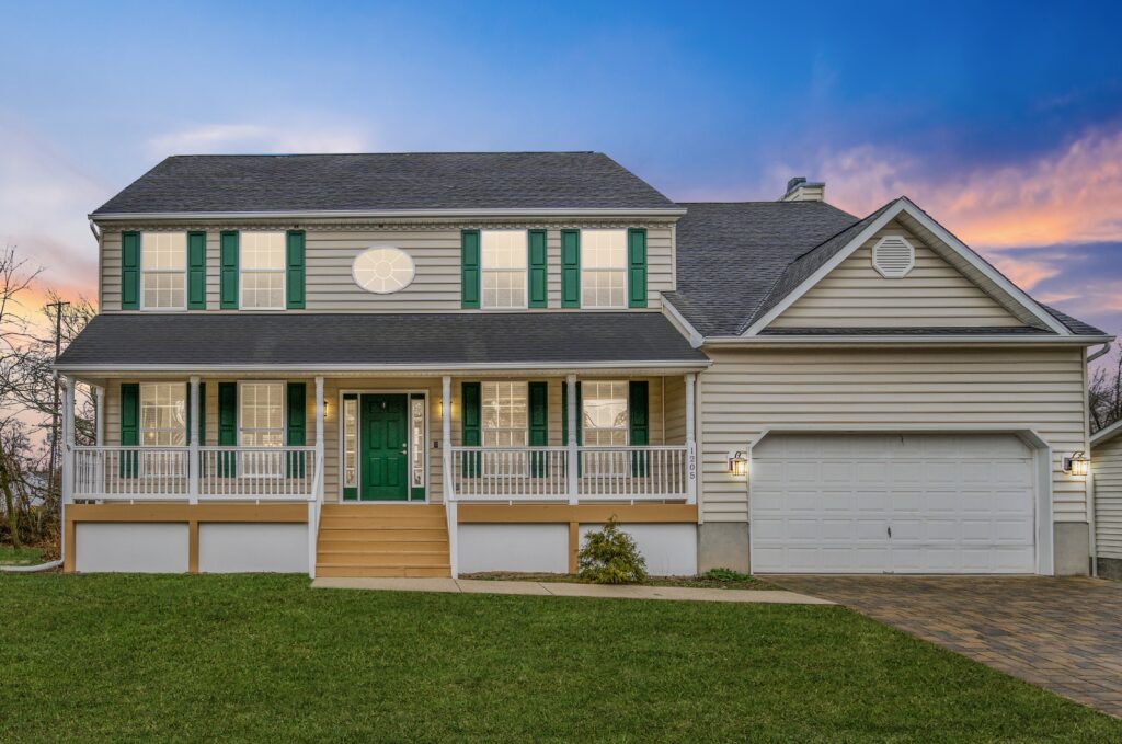 Front of the Delmont property at twilight